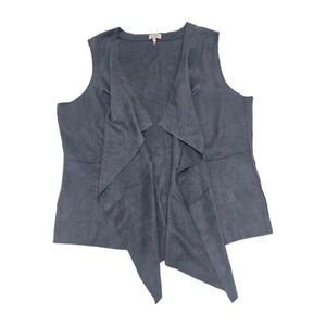 LOGO Faux Suede Patchwork Waterfall Asymmetrical Open Front Vest Slate Blue Grey